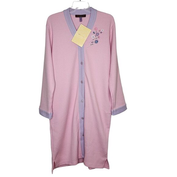 Stan Herman Women's Pink Quilted Embroidered Button Front Robe New With Tag M - Picture 1 of 8